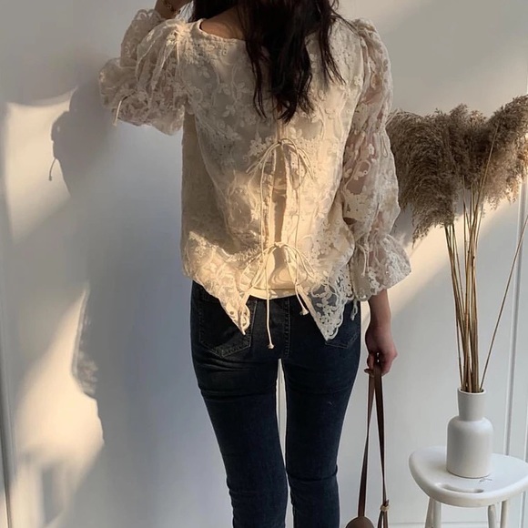 Lace floral embroidery blouse bow tie lace up cream apricot womens puff sleeve - Picture 3 of 4